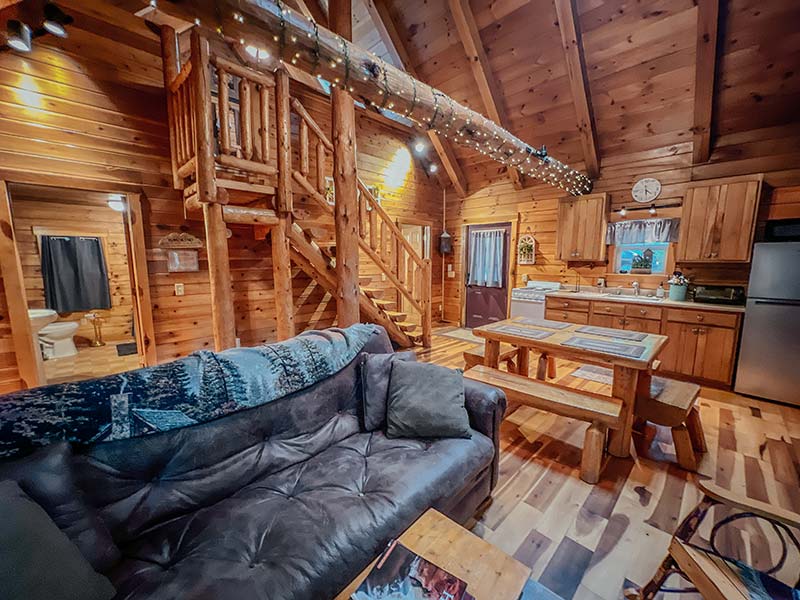 Open-beamed, cathedral ceilings at Lover Loft Cabin